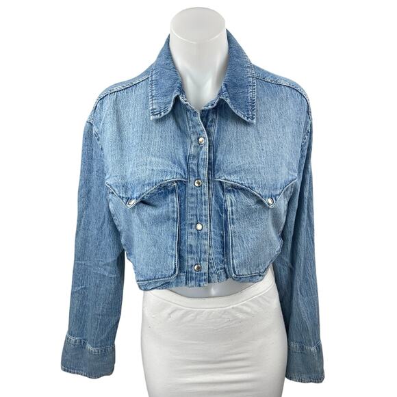 Zara Jackets & Blazers - Zara Women's Blue Long Sleeve Pocket Button Up Cropped Denim Jean Jacket Size XS